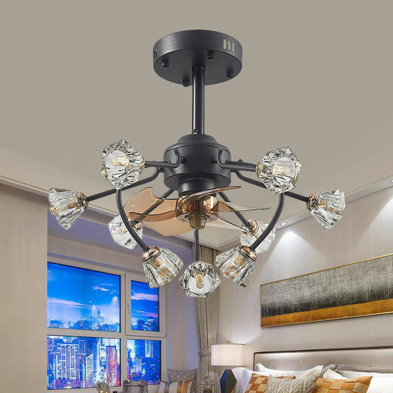 Traditional Curvy Arms Hanging Fan Lamp 9 Heads Crystal Bell Shade 5 Blades Semi Flush Light in Black, 23.5