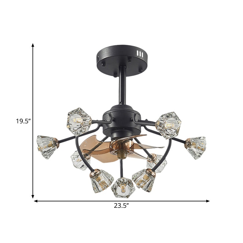 Traditional Curvy Arms Hanging Fan Lamp 9 Heads Crystal Bell Shade 5 Blades Semi Flush Light in Black, 23.5
