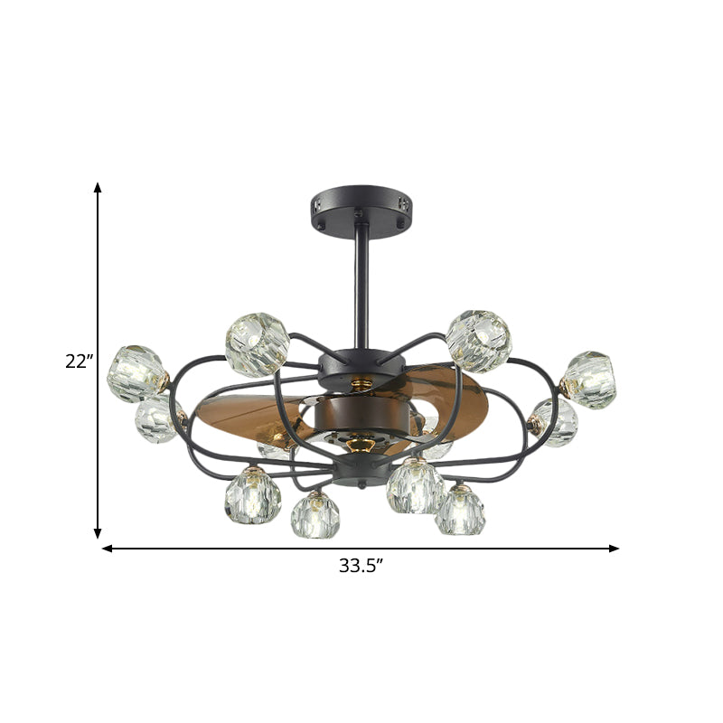 Traditional Swirling Metal Frame Semi Flush 12 Heads Crystal Ball Shade Ceiling Fan Lamp in Black with 3 Blades, 33.5