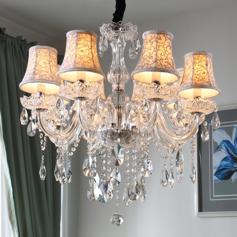 White Floral-Patterned Shade Chandelier Traditional Fabric 8 Heads Dinning Room Pendant with Clear Crystal Droplets Clearhalo 'Ceiling Lights' 'Chandeliers' Lighting' options 1409330