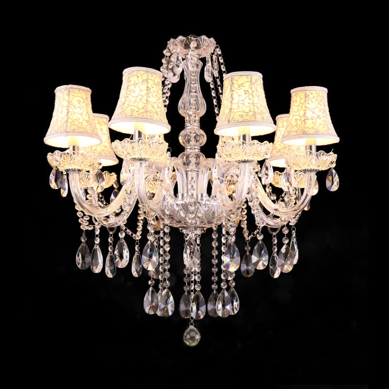 White Floral-Patterned Shade Chandelier Traditional Fabric 8 Heads Dinning Room Pendant with Clear Crystal Droplets Clearhalo 'Ceiling Lights' 'Chandeliers' Lighting' options 1409331