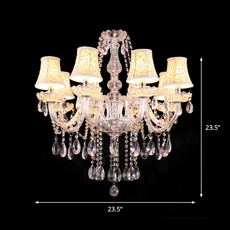 White Floral-Patterned Shade Chandelier Traditional Fabric 8 Heads Dinning Room Pendant with Clear Crystal Droplets Clearhalo 'Ceiling Lights' 'Chandeliers' Lighting' options 1409332