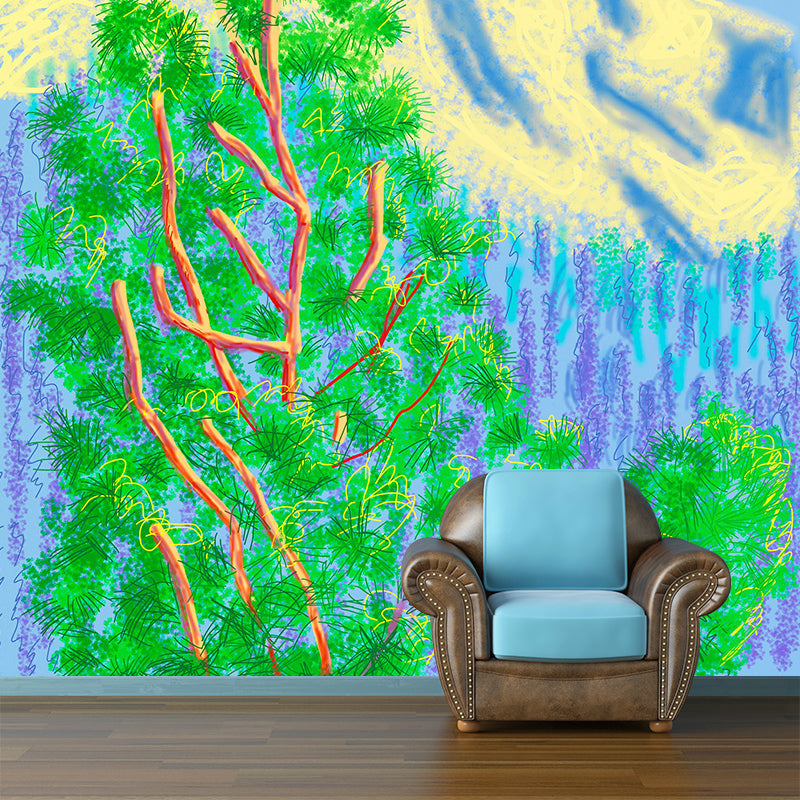 Whole Plants Wall Paper Murals Artistic Enchanting Cypress and Mountain Painting Wall Decor in Blue-Green Clearhalo 'Wall Decor' 'Wall Mural' 1409457