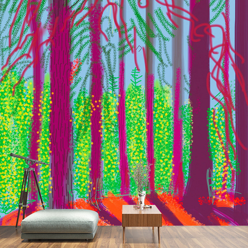 Purple-Green Forest Sunrise Mural Wallpaper Stain Resistant Wall Art for Living Room Purple-Green Clearhalo 'Wall Decor' 'Wall Mural' 1409471