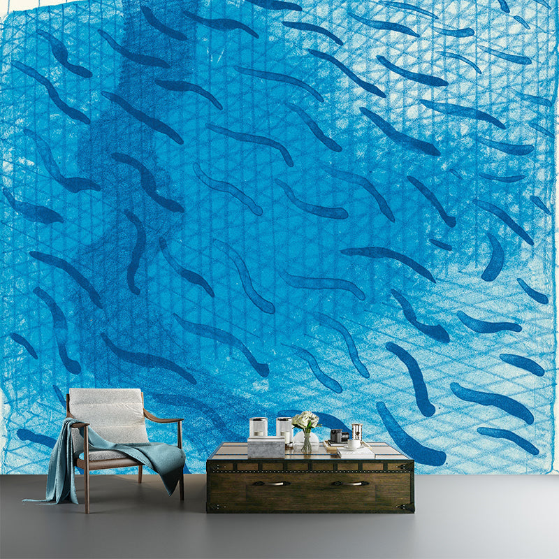 Art Swimming Pool Fish Murals Blue David Hockney Painting Wall Decor for Bedroom Clearhalo 'Wall Decor' 'Wall Mural' 1409482