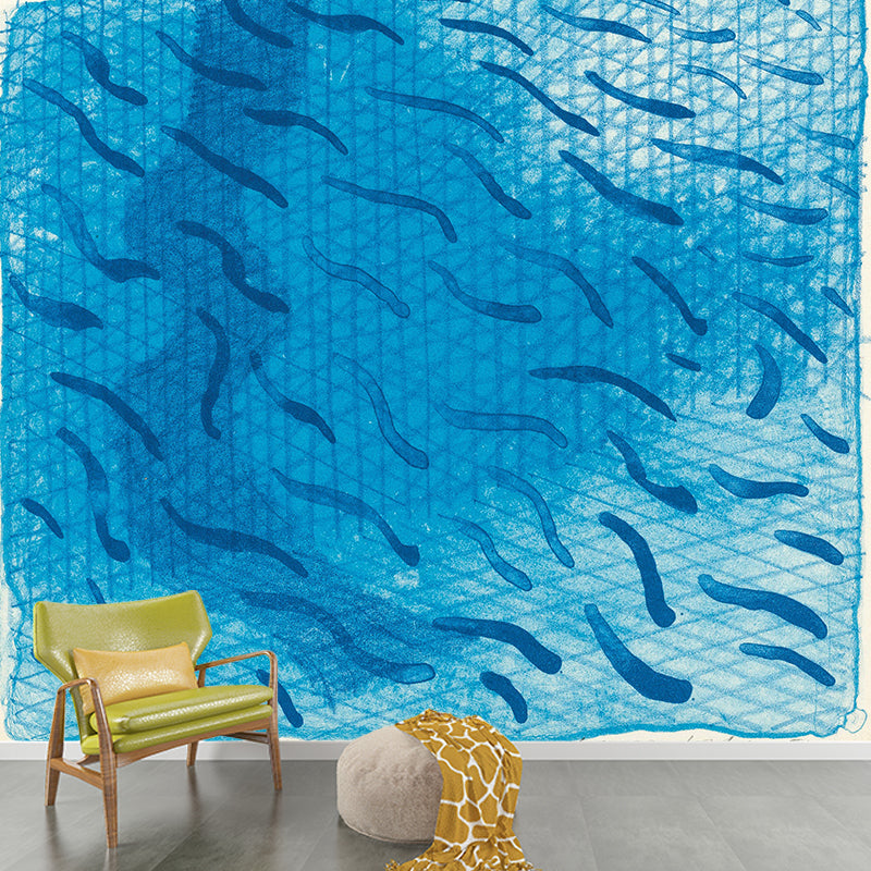 Art Swimming Pool Fish Murals Blue David Hockney Painting Wall Decor for Bedroom Clearhalo 'Wall Decor' 'Wall Mural' 1409483