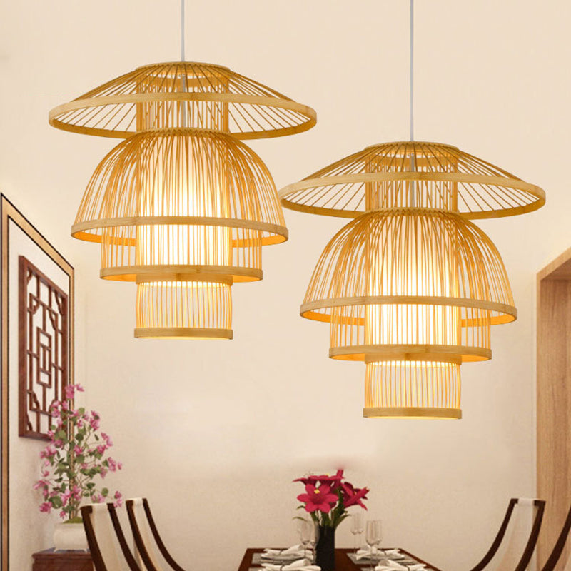 Tiered Dining Room Pendant Lighting Bamboo 1-Light Asian Stylish Hanging Lamp in Beige Clearhalo 'Ceiling Lights' 'Pendant Lights' 'Pendants' Lighting' 140949