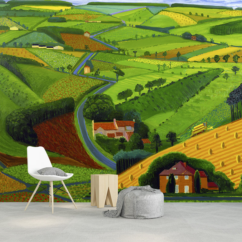Village Landscape Overview Murals in Yellow-Green Modern Art Wall Decor for Living Room Yellow-Green Clearhalo 'Wall Decor' 'Wall Mural' 1409531