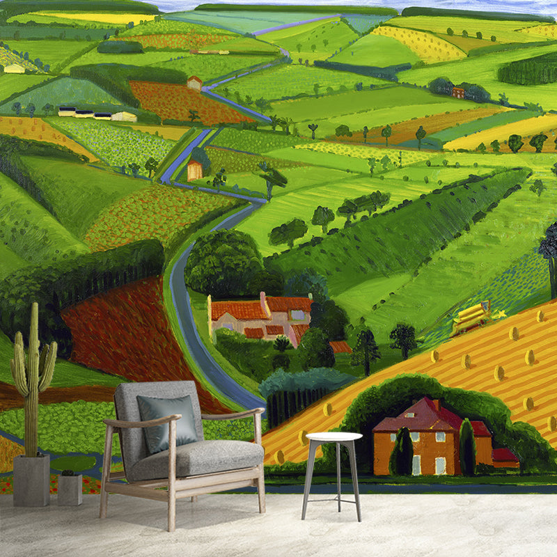 Village Landscape Overview Murals in Yellow-Green Modern Art Wall Decor for Living Room Clearhalo 'Wall Decor' 'Wall Mural' 1409532