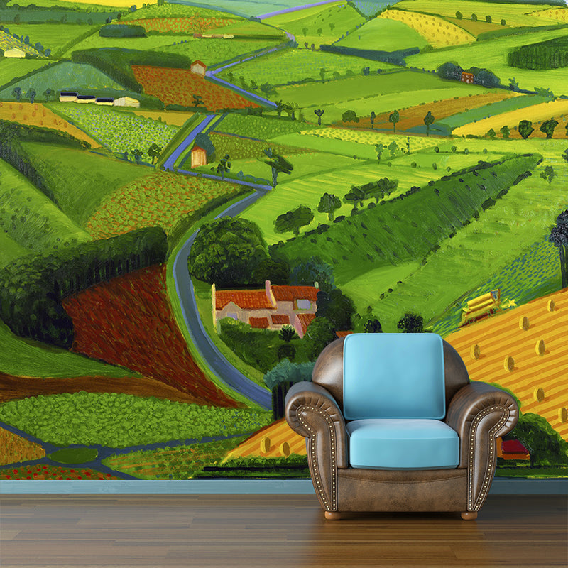 Village Landscape Overview Murals in Yellow-Green Modern Art Wall Decor for Living Room Clearhalo 'Wall Decor' 'Wall Mural' 1409533