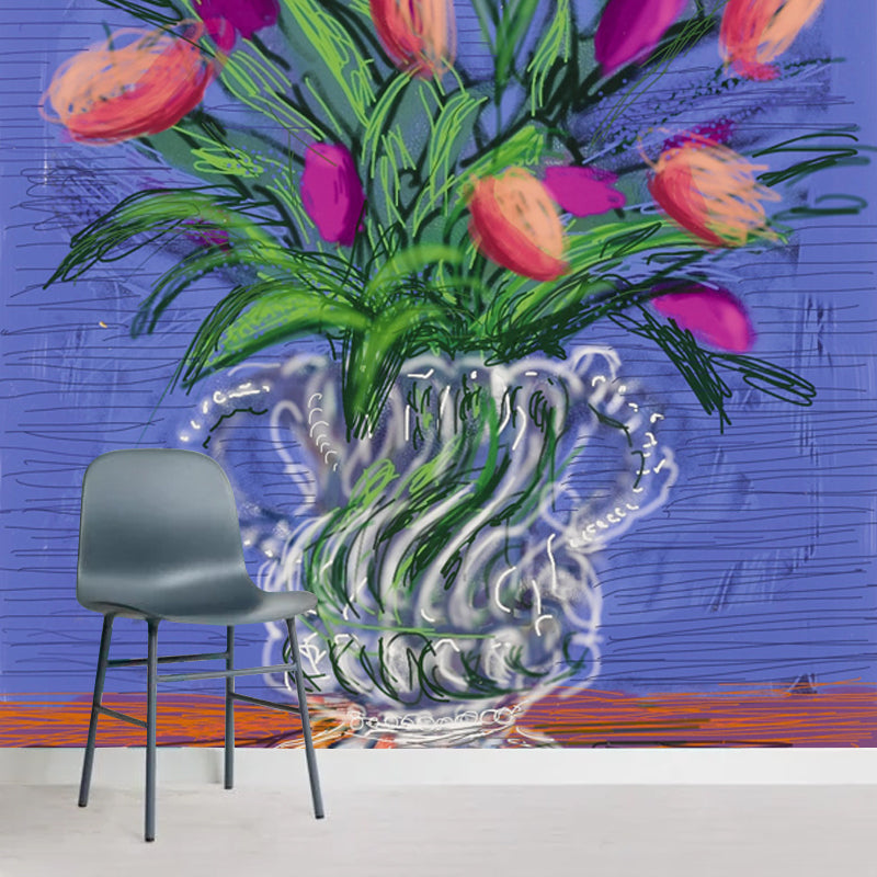 Still Life Tulip Flowers Mural Modern Art Non-Woven Fabric Wall Covering in Purple-Green Purple-Green Clearhalo 'Wall Decor' 'Wall Mural' 1409541