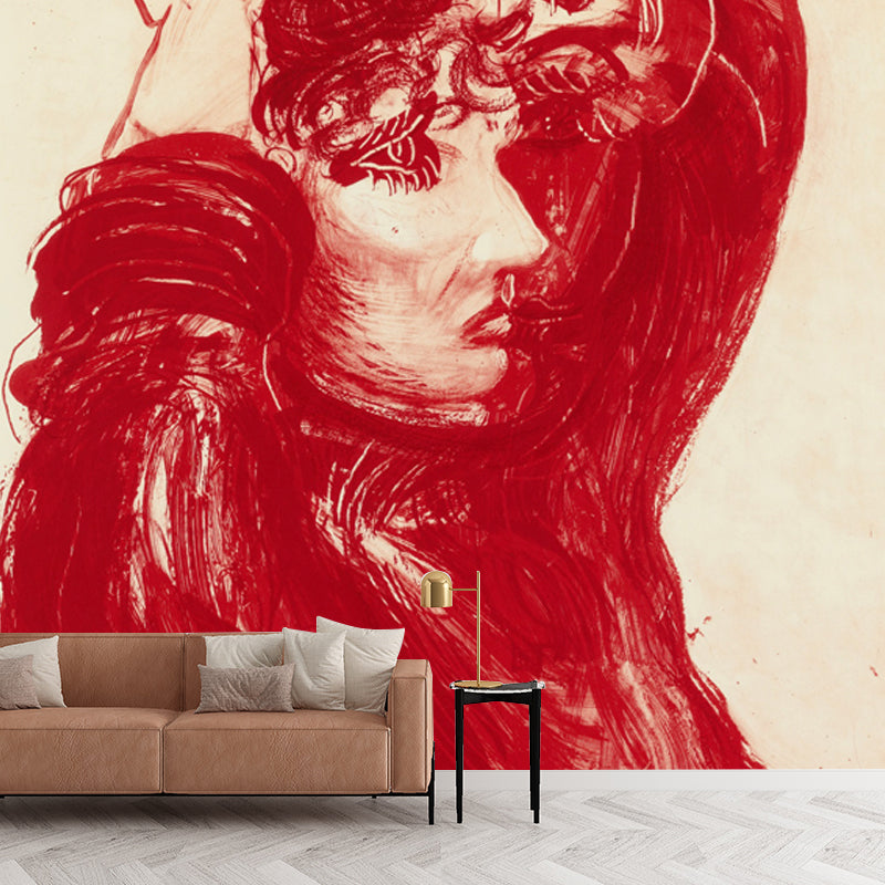 Red Celia Painting Wallpaper Murals Moisture Resistant Wall Art for Living Room, Non-Woven Red Clearhalo 'Wall Decor' 'Wall Mural' 1409556