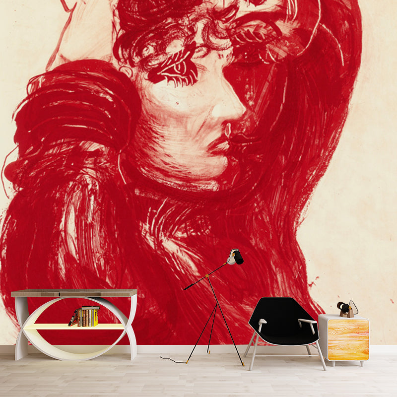 Red Celia Painting Wallpaper Murals Moisture Resistant Wall Art for Living Room, Non-Woven Clearhalo 'Wall Decor' 'Wall Mural' 1409557