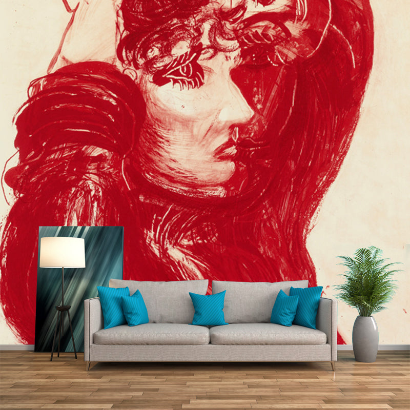 Red Celia Painting Wallpaper Murals Moisture Resistant Wall Art for Living Room, Non-Woven Clearhalo 'Wall Decor' 'Wall Mural' 1409558