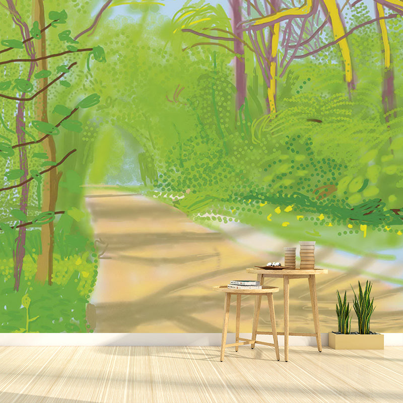 Modern Art Forest Path Murals Wallpaper in Yellow-Green Living Room Wall Decor, Custom Size Yellow-Green Clearhalo 'Wall Decor' 'Wall Mural' 1409576