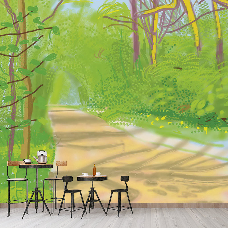 Modern Art Forest Path Murals Wallpaper in Yellow-Green Living Room Wall Decor, Custom Size Clearhalo 'Wall Decor' 'Wall Mural' 1409577