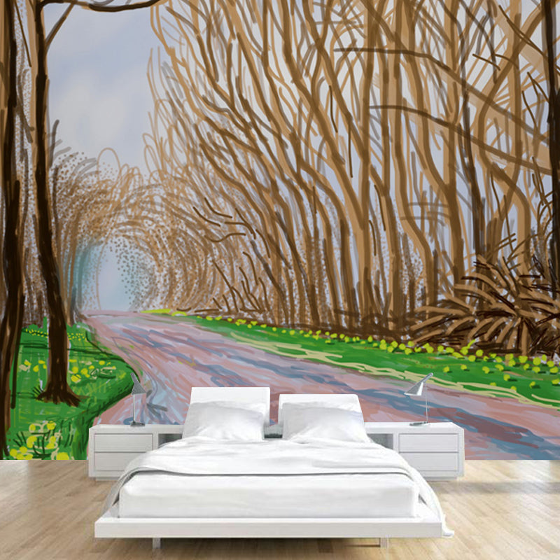 Brown Roadside Leafless Trees Mural Waterproof Artistic Living Room Wall Decoration Brown Clearhalo 'Wall Decor' 'Wall Mural' 1409591