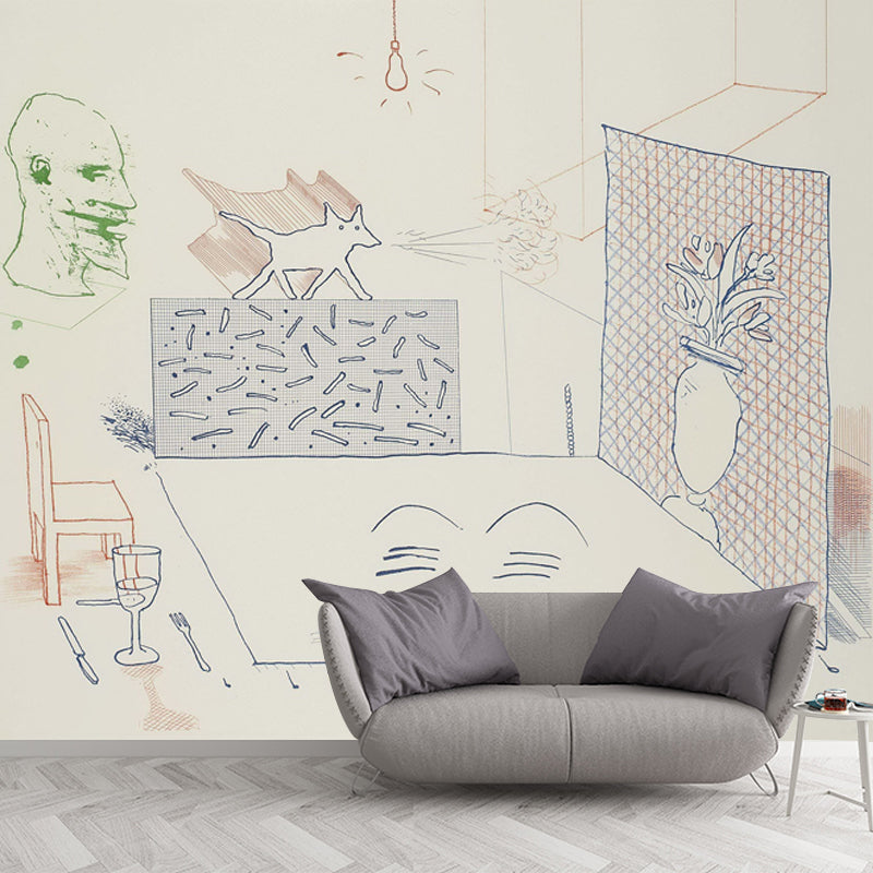 Large Sketch Wall Murals for Bedroom Hockney Artwork Wall Covering in Red-Blue-Green, Washable Clearhalo 'Wall Decor' 'Wall Mural' 1409602