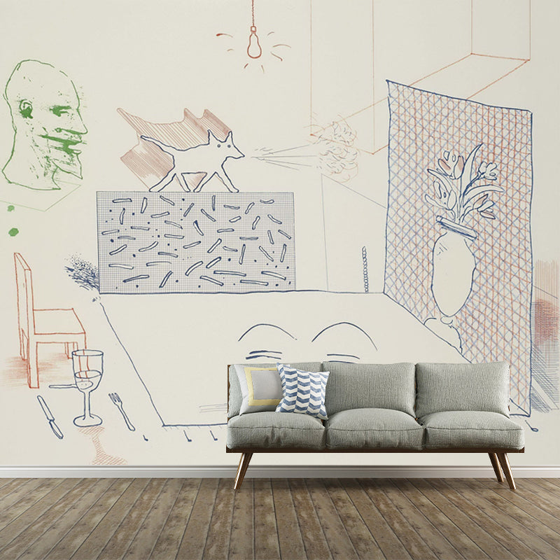 Large Sketch Wall Murals for Bedroom Hockney Artwork Wall Covering in Red-Blue-Green, Washable Clearhalo 'Wall Decor' 'Wall Mural' 1409603