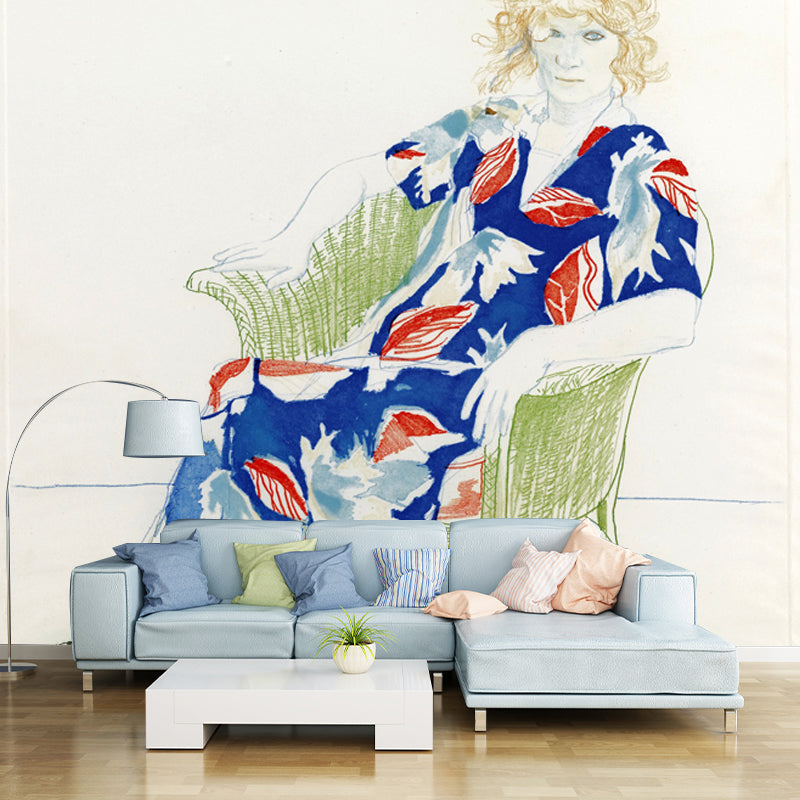 Hockney Woman Portrait Mural Decal in Red-Blue Artistry Wall Decoration for Bedroom Red-Blue Clearhalo 'Wall Decor' 'Wall Mural' 1409616