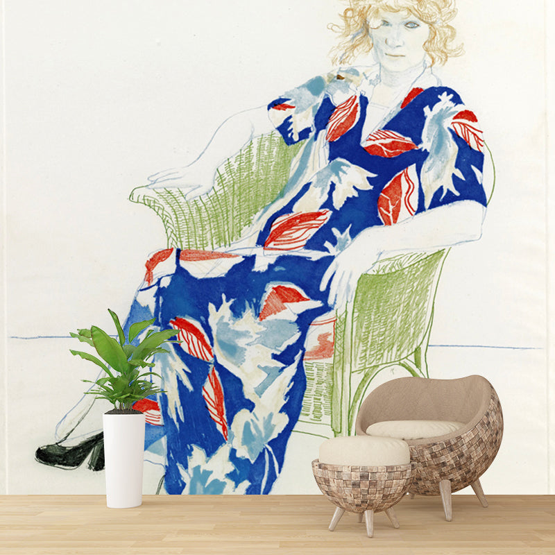 Hockney Woman Portrait Mural Decal in Red-Blue Artistry Wall Decoration for Bedroom Clearhalo 'Wall Decor' 'Wall Mural' 1409617