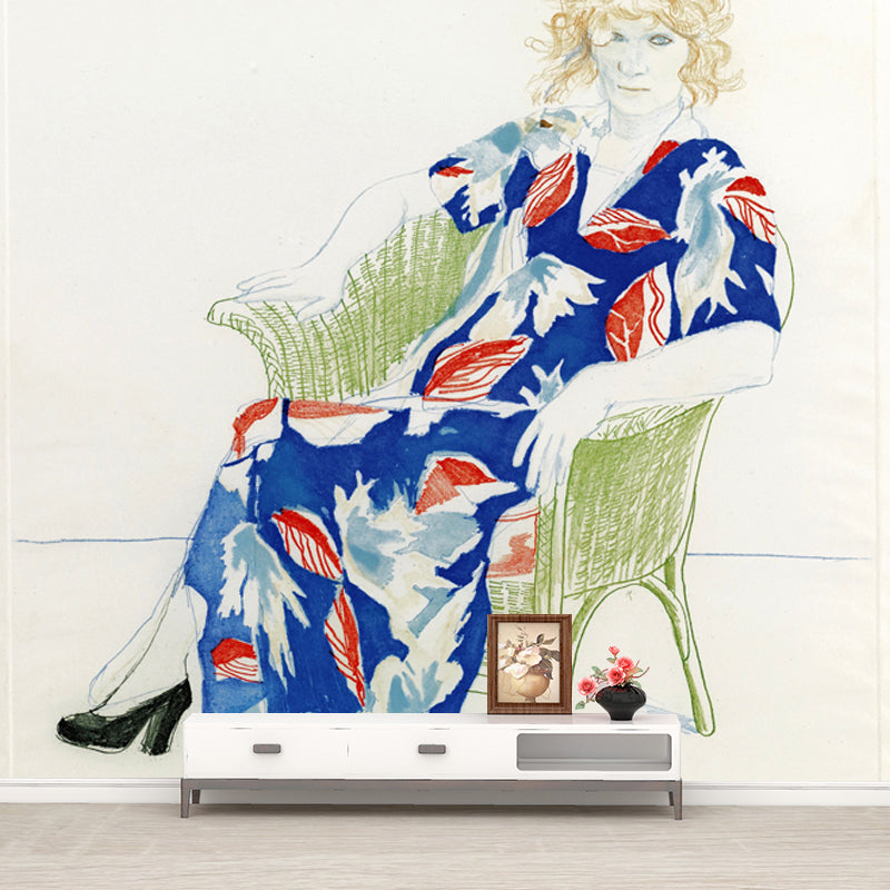 Hockney Woman Portrait Mural Decal in Red-Blue Artistry Wall Decoration for Bedroom Clearhalo 'Wall Decor' 'Wall Mural' 1409618