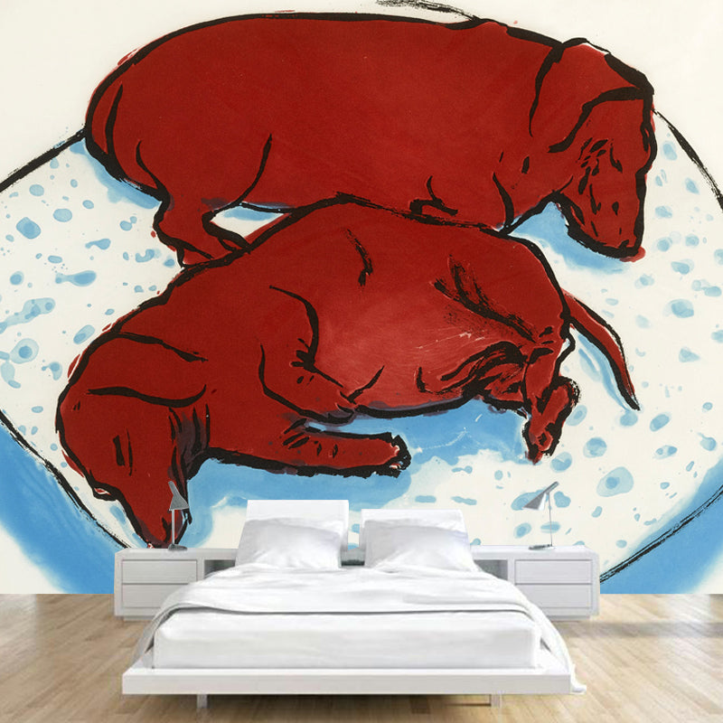 Relaxing Dogs Sleeping Wall Murals for Bedroom Animal Painting Wall Art, Personalized Size Red-Blue Clearhalo 'Wall Decor' 'Wall Mural' 1409641