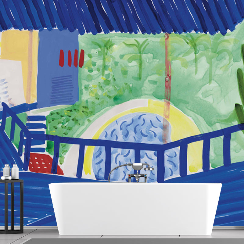 Blue-Green Artistic Mural Decal Full Size Stairs by the Pool Side Painting Wall Covering for Home Blue-Green Clearhalo 'Wall Decor' 'Wall Mural' 1409671