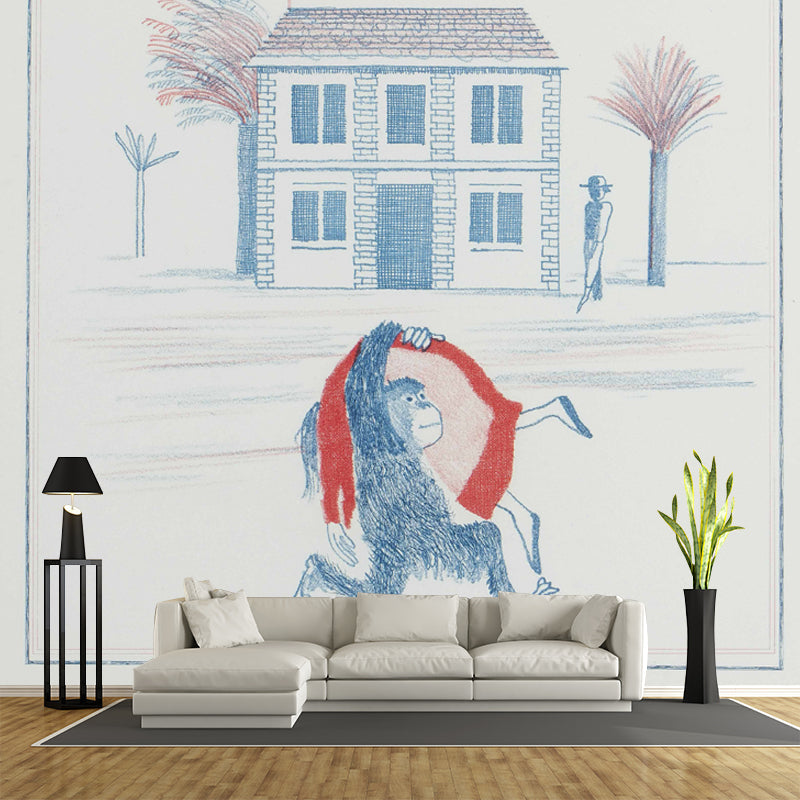 Monkey in House Front Murals Red and Blue Artistry Wall Decoration for Living Room Clearhalo 'Wall Decor' 'Wall Mural' 1409677