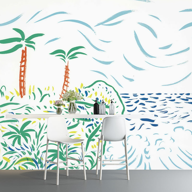 Art Tropical Landscape Wall Mural Decal in Blue Scenery Painting Wall Covering for Home Clearhalo 'Wall Decor' 'Wall Mural' 1409698