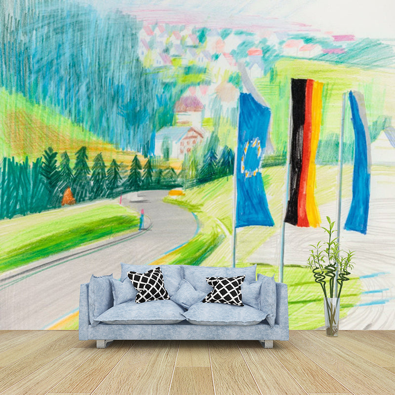 Scenery Roadside Flags Wall Mural Modern Art Non-Woven Wall Decoration in Blue-Green Clearhalo 'Wall Decor' 'Wall Mural' 1409747