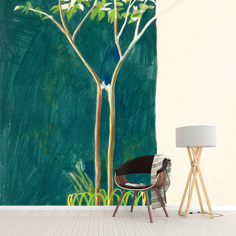 Blue-Green Small Tree Murals Wallpaper Waterproofing Wall Covering on Yellow for Bedroom Yellow-Blue Clearhalo 'Wall Decor' 'Wall Mural' 1409751