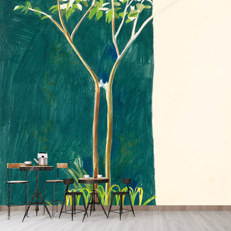 Blue-Green Small Tree Murals Wallpaper Waterproofing Wall Covering on Yellow for Bedroom Clearhalo 'Wall Decor' 'Wall Mural' 1409753