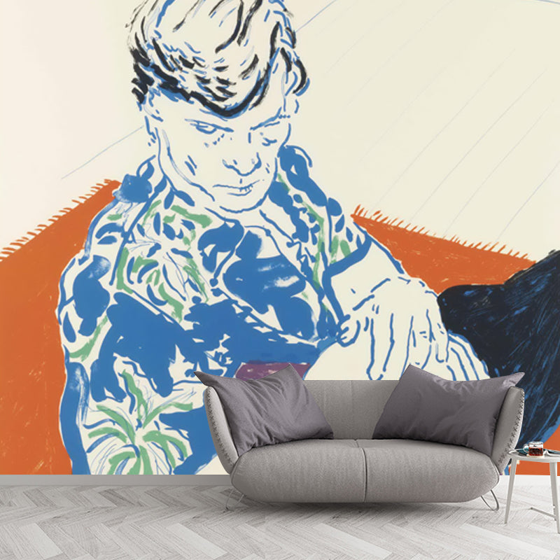 Man in Hawaiian Shirt Mural Orange and Blue Pop Art Wall Decoration for Living Room Orange-Blue Clearhalo 'Wall Decor' 'Wall Mural' 1409761