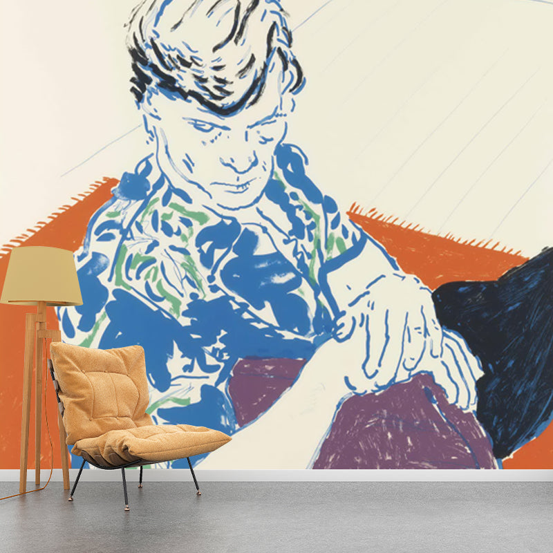 Man in Hawaiian Shirt Mural Orange and Blue Pop Art Wall Decoration for Living Room Clearhalo 'Wall Decor' 'Wall Mural' 1409762