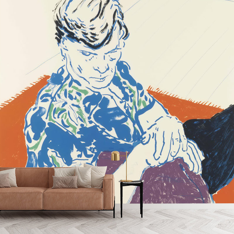 Man in Hawaiian Shirt Mural Orange and Blue Pop Art Wall Decoration for Living Room Clearhalo 'Wall Decor' 'Wall Mural' 1409763