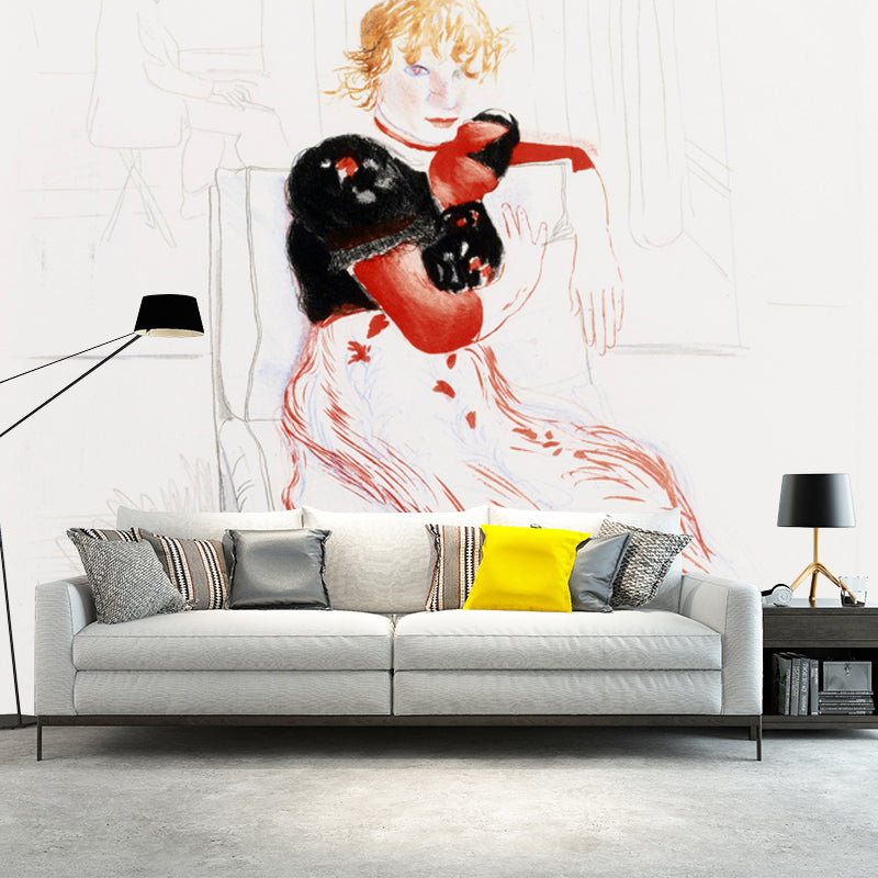 Little Girl Portrait Mural Decal in Black-Red Art Deco Wall Covering for Bedroom Black-Red Clearhalo 'Wall Decor' 'Wall Mural' 1409781