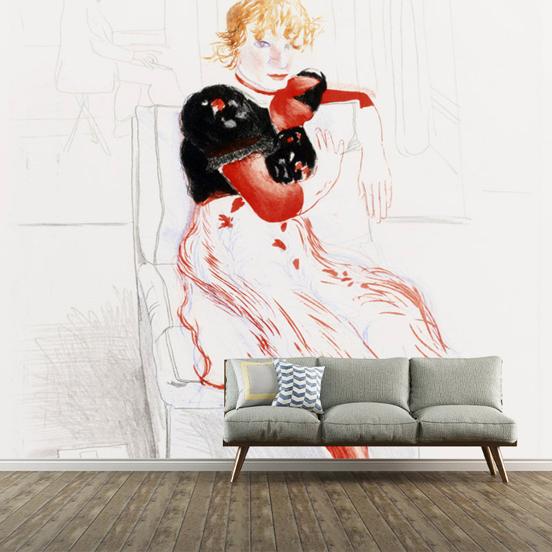 Little Girl Portrait Mural Decal in Black-Red Art Deco Wall Covering for Bedroom Clearhalo 'Wall Decor' 'Wall Mural' 1409782