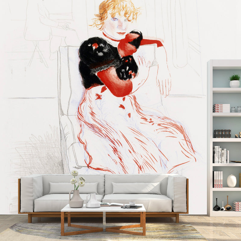 Little Girl Portrait Mural Decal in Black-Red Art Deco Wall Covering for Bedroom Clearhalo 'Wall Decor' 'Wall Mural' 1409783