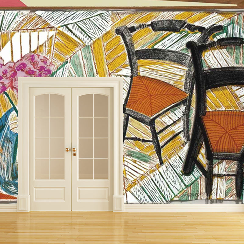 Flower and Two Chairs Murals in Orange-Yellow Art Deco Wall Covering for Living Room Orange-Yellow Clearhalo 'Wall Decor' 'Wall Mural' 1409856