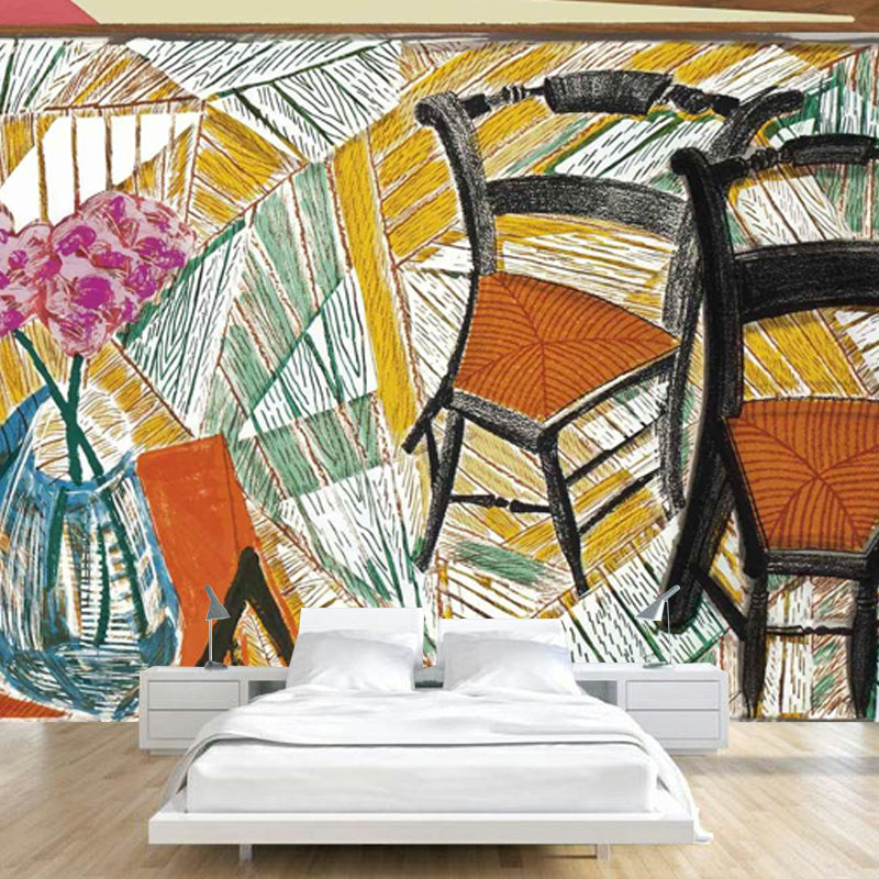 Flower and Two Chairs Murals in Orange-Yellow Art Deco Wall Covering for Living Room Clearhalo 'Wall Decor' 'Wall Mural' 1409857