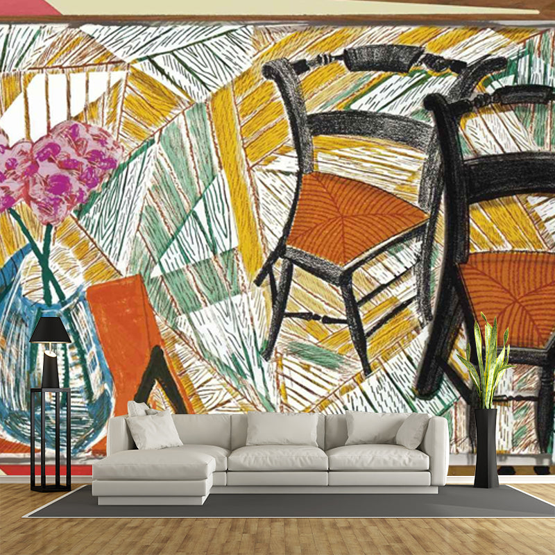 Flower and Two Chairs Murals in Orange-Yellow Art Deco Wall Covering for Living Room Clearhalo 'Wall Decor' 'Wall Mural' 1409858