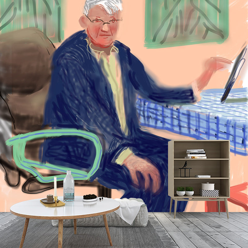 Hockney Self-Portrait Mural Art Deco Stain Proof Hallway Wall Covering, Custom Printed Green-Pink-Blue Clearhalo 'Wall Decor' 'Wall Mural' 1409876