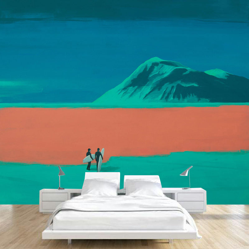 Minimalist Aesthetics Mountain Murals Orange-Green Living Room Wall Art, Custom-Made Clearhalo 'Wall Decor' 'Wall Mural' 1409927