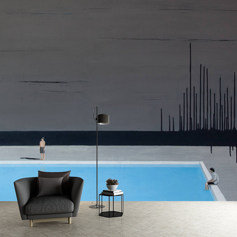 Full-Size Art Deco Mural Wallpaper Grey-Blue Swimming Pool Wall Covering, Custom Size Gray-Blue Clearhalo 'Wall Decor' 'Wall Mural' 1409931