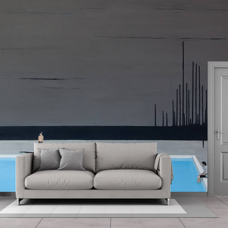 Full-Size Art Deco Mural Wallpaper Grey-Blue Swimming Pool Wall Covering, Custom Size Clearhalo 'Wall Decor' 'Wall Mural' 1409932