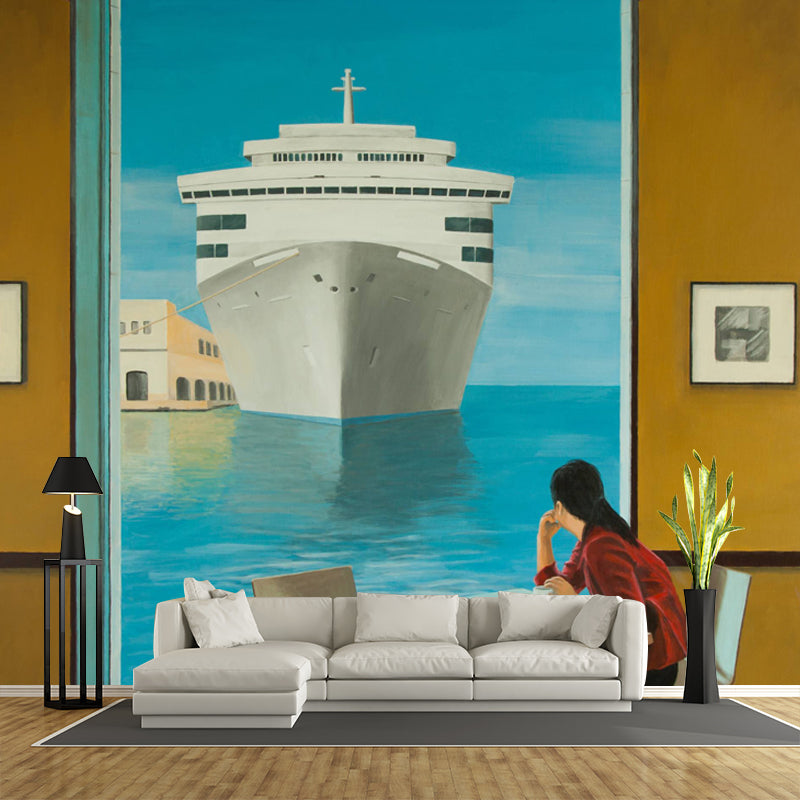 Non-Woven Big Blue-Brown Murals Artistic Transatlantic Liner Painting Wall Art for Bedroom Blue-Brown Clearhalo 'Wall Decor' 'Wall Mural' 1409951