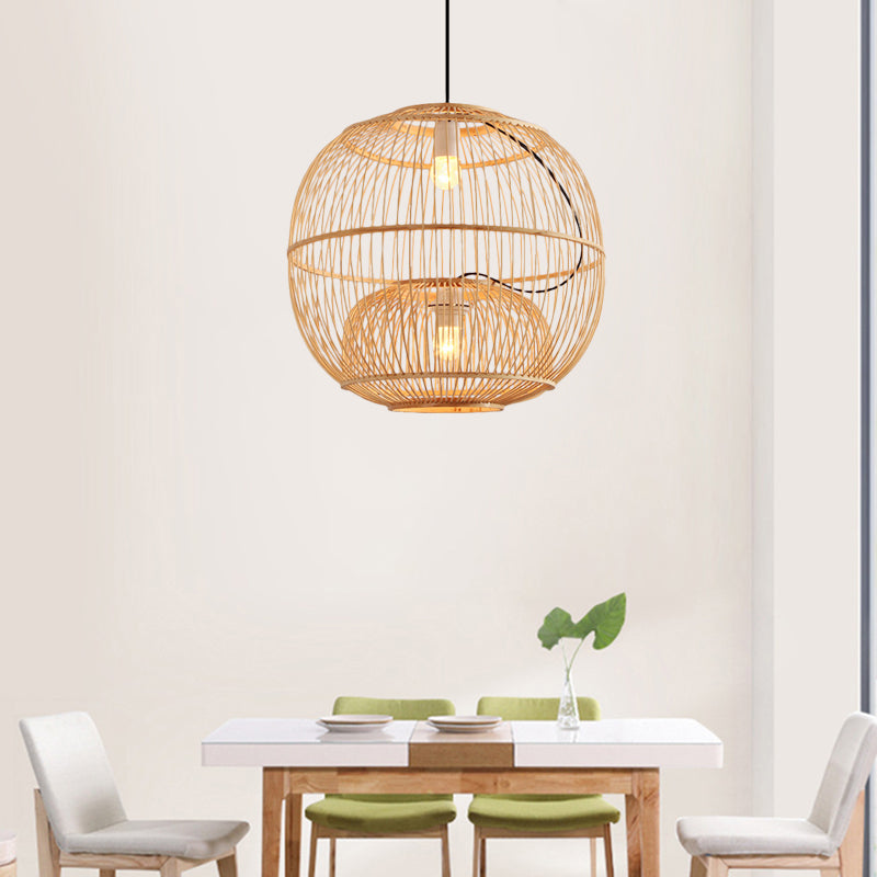 Bamboo Global Shade Pendant Lighting Contemporary Style 2 Lights Beige Hanging Lamp for Restaurant, 14