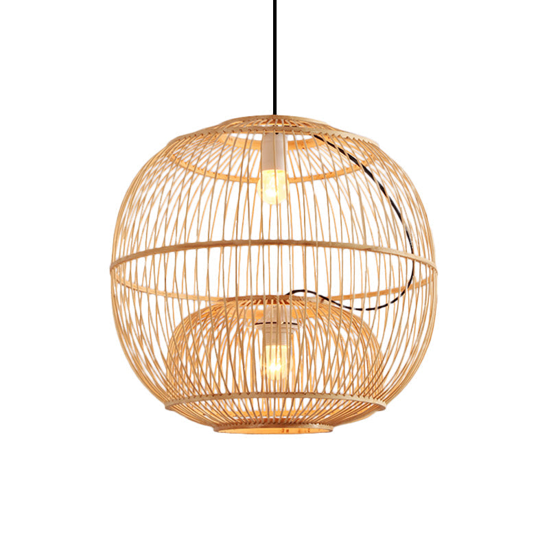 Bamboo Global Shade Pendant Lighting Contemporary Style 2 Lights Beige Hanging Lamp for Restaurant, 14