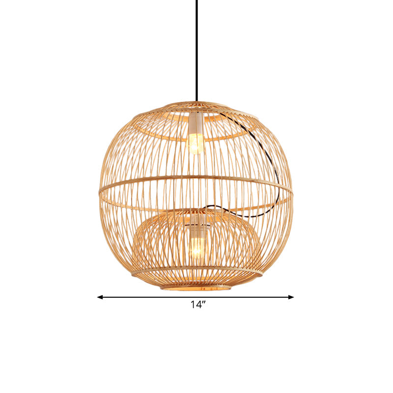 Bamboo Global Shade Pendant Lighting Contemporary Style 2 Lights Beige Hanging Lamp for Restaurant, 14